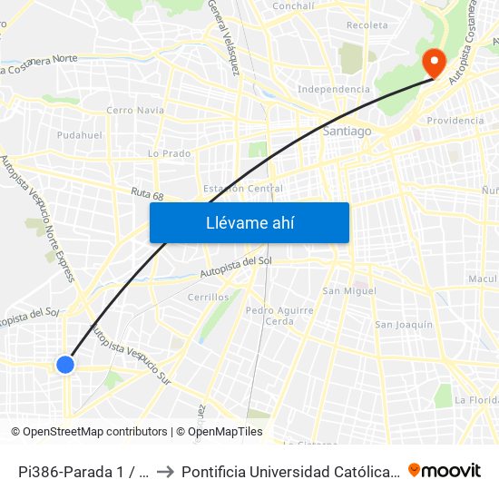 Pi386-Parada 1 / (M) Plaza De Maipú to Pontificia Universidad Católica De Chile - Campus Lo Contador map