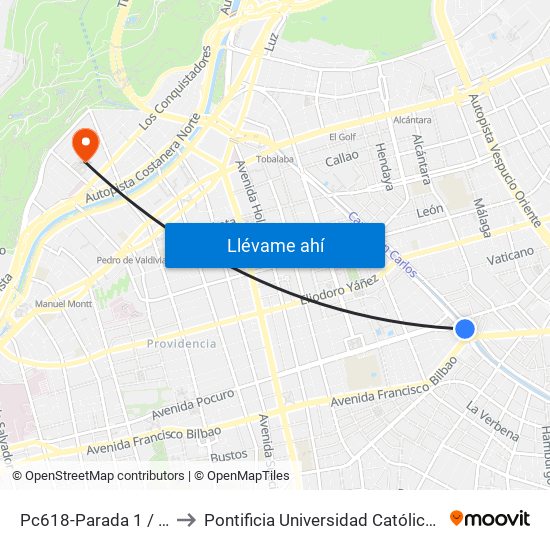 Pc618-Parada 1 / (M) Francisco Bilbao to Pontificia Universidad Católica De Chile - Campus Lo Contador map