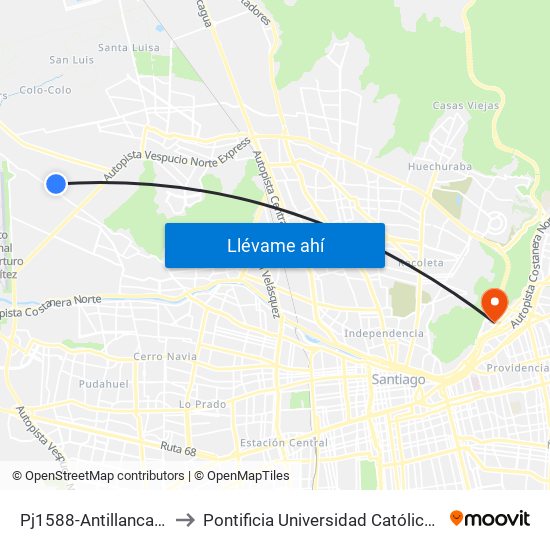 Pj1588-Antillanca / Esq. Antillanca-Sur to Pontificia Universidad Católica De Chile - Campus Lo Contador map