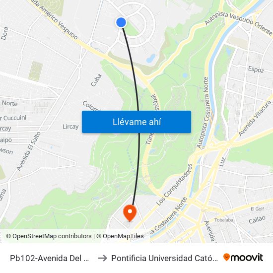 Pb102-Avenida Del Parque / Esq. Av. Del Cóndor to Pontificia Universidad Católica De Chile - Campus Lo Contador map