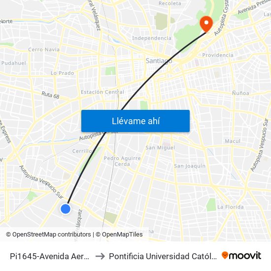 Pi1645-Avenida Aeropuerto / Esq. Vista Alegre to Pontificia Universidad Católica De Chile - Campus Lo Contador map