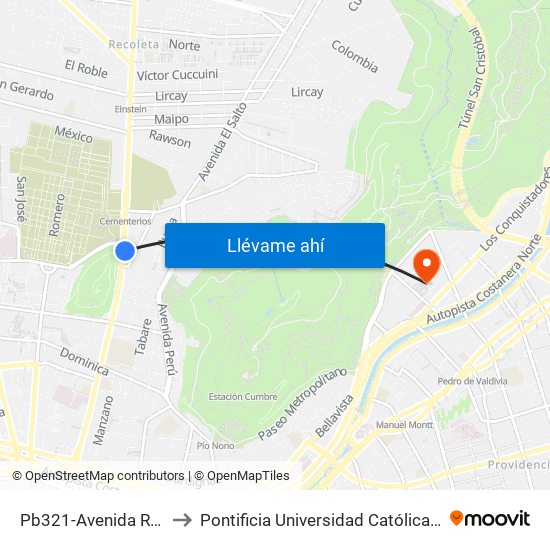 Pb321-Avenida Recoleta / Esq. Unión to Pontificia Universidad Católica De Chile - Campus Lo Contador map