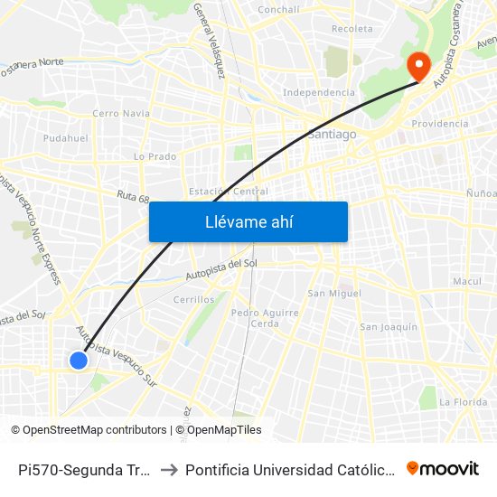 Pi570-Segunda Transversal / Esq. 1 Sur to Pontificia Universidad Católica De Chile - Campus Lo Contador map
