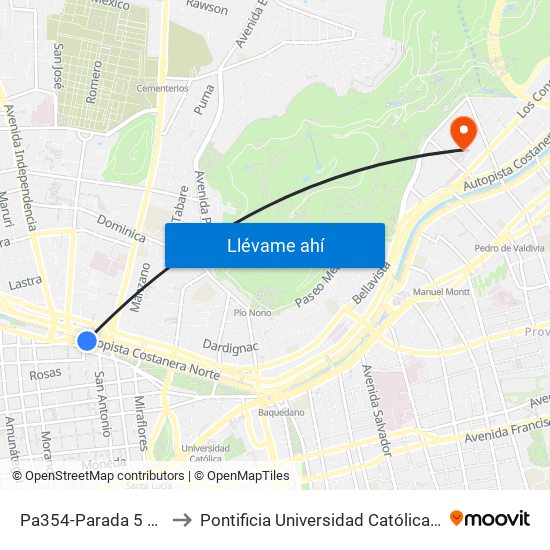 Pa354-Parada 5 / Estación Mapocho to Pontificia Universidad Católica De Chile - Campus Lo Contador map