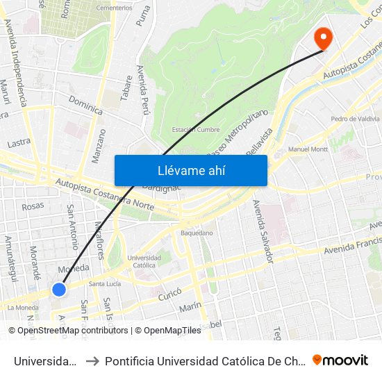 Universidad De Chile to Pontificia Universidad Católica De Chile - Campus Lo Contador map