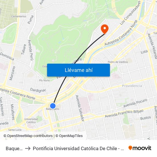 Baquedano to Pontificia Universidad Católica De Chile - Campus Lo Contador map