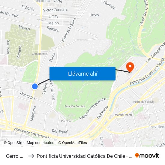Cerro Blanco to Pontificia Universidad Católica De Chile - Campus Lo Contador map