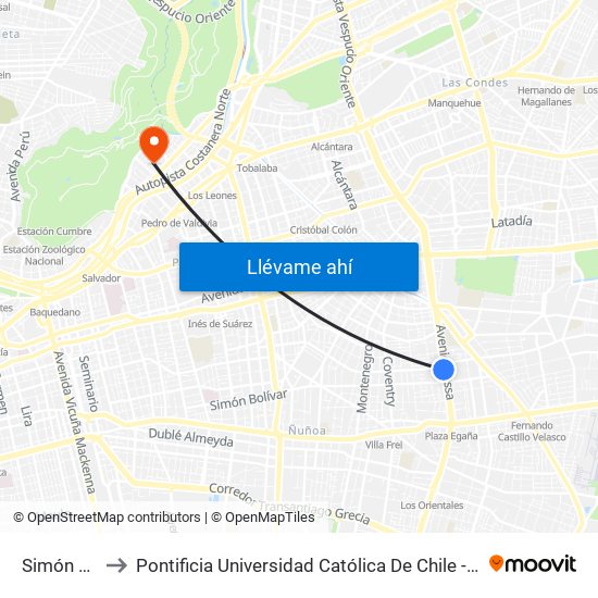 Simón Bolivar to Pontificia Universidad Católica De Chile - Campus Lo Contador map