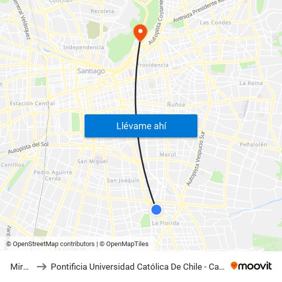 Mirador to Pontificia Universidad Católica De Chile - Campus Lo Contador map