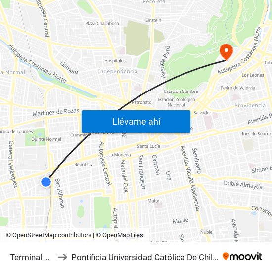 Terminal San Borja to Pontificia Universidad Católica De Chile - Campus Lo Contador map