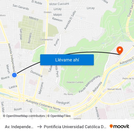 Av. Independencia Esq. Rivera to Pontificia Universidad Católica De Chile - Campus Lo Contador map