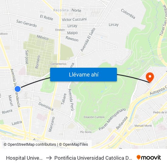 Hospital Universidad De Chile to Pontificia Universidad Católica De Chile - Campus Lo Contador map