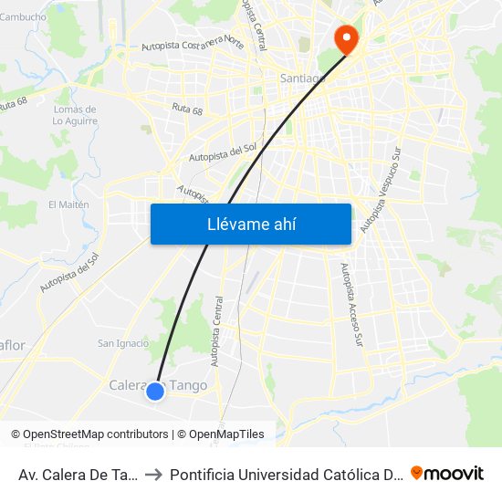 Av. Calera De Tango, Paradero 7 to Pontificia Universidad Católica De Chile - Campus Lo Contador map