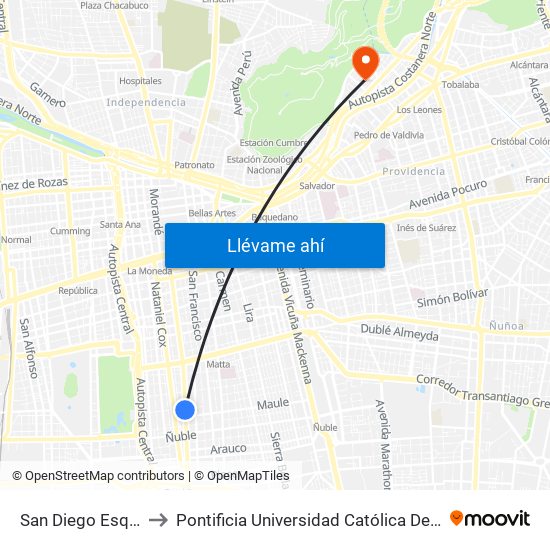 San Diego Esq. Pedro Lagos to Pontificia Universidad Católica De Chile - Campus Lo Contador map