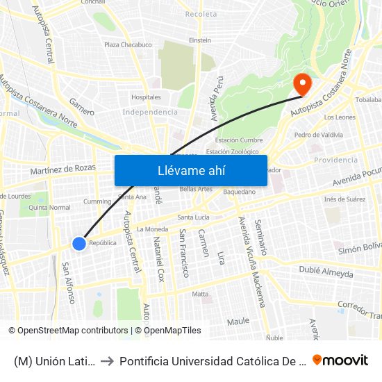 (M) Unión Latinoamericana to Pontificia Universidad Católica De Chile - Campus Lo Contador map