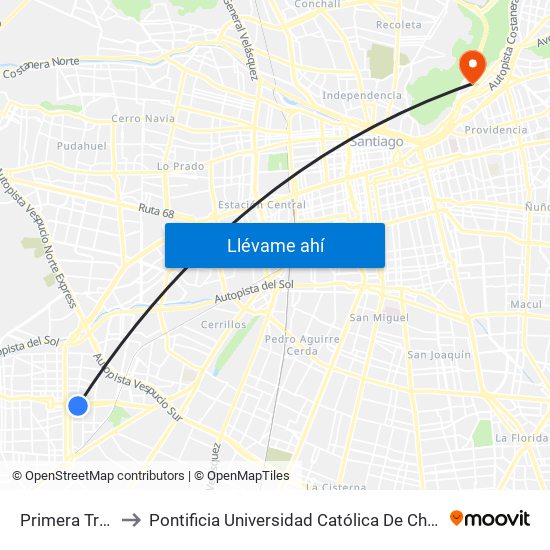 Primera Transversal to Pontificia Universidad Católica De Chile - Campus Lo Contador map