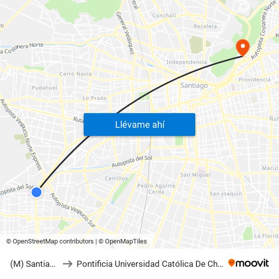 (M) Santiago Bueras to Pontificia Universidad Católica De Chile - Campus Lo Contador map