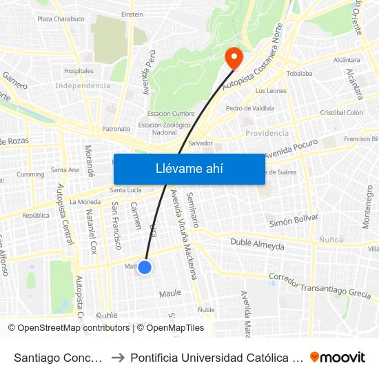 Santiago Concha Esq. Amazonas to Pontificia Universidad Católica De Chile - Campus Lo Contador map
