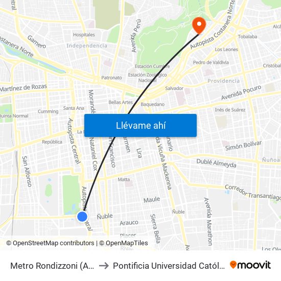 Metro Rondizzoni (Av. Rondizzoni Esq. Fábrica) to Pontificia Universidad Católica De Chile - Campus Lo Contador map