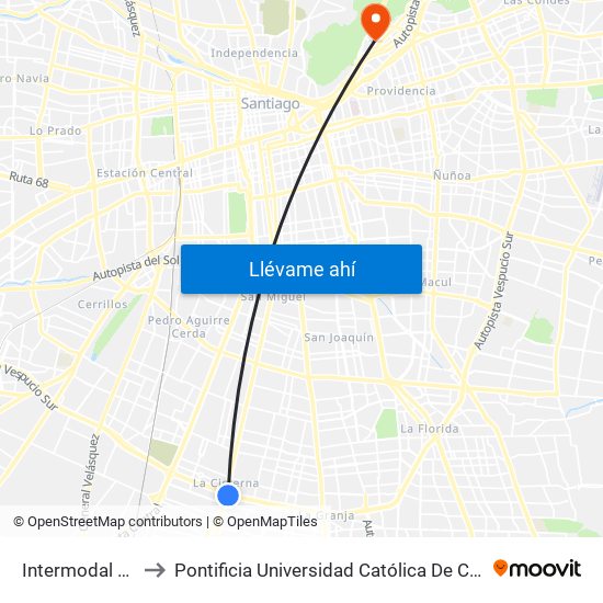 Intermodal La Cisterna to Pontificia Universidad Católica De Chile - Campus Lo Contador map