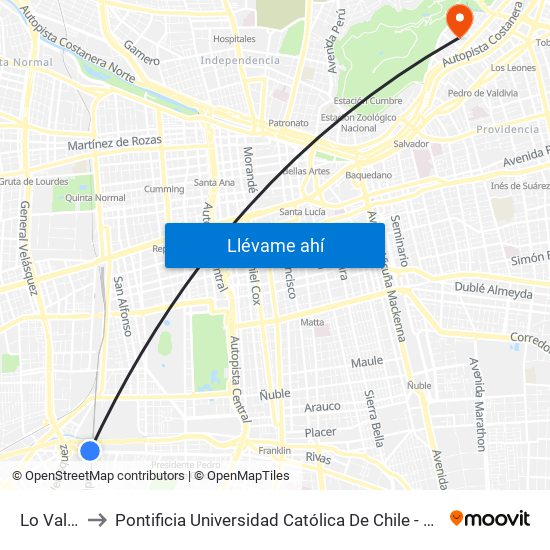 Lo Valledor to Pontificia Universidad Católica De Chile - Campus Lo Contador map