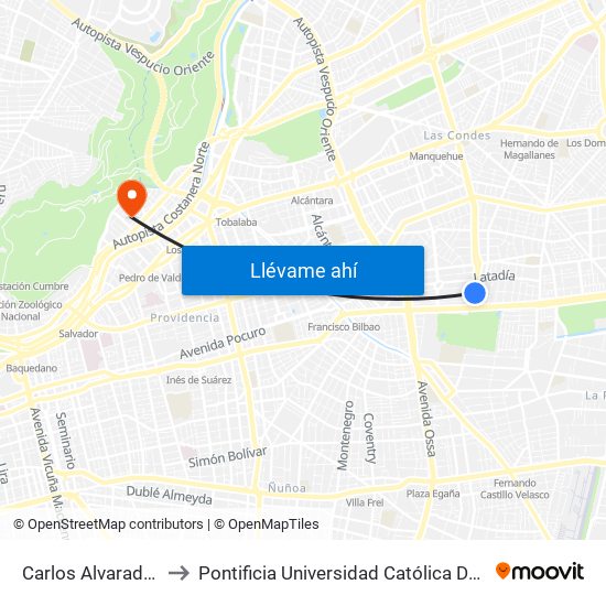 Carlos Alvarado / Manquehue to Pontificia Universidad Católica De Chile - Campus Lo Contador map