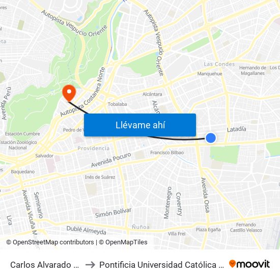 Carlos Alvarado / Sebastián Elcano to Pontificia Universidad Católica De Chile - Campus Lo Contador map