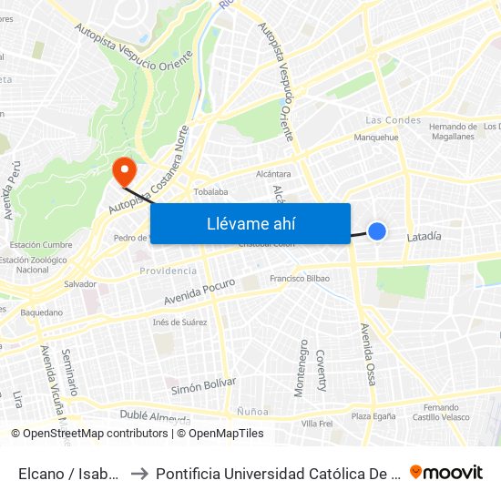 Elcano / Isabel La Catolica to Pontificia Universidad Católica De Chile - Campus Lo Contador map