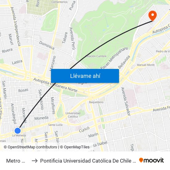Metro Moneda to Pontificia Universidad Católica De Chile - Campus Lo Contador map