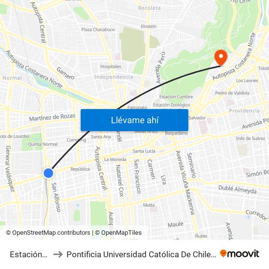 Estación Central to Pontificia Universidad Católica De Chile - Campus Lo Contador map