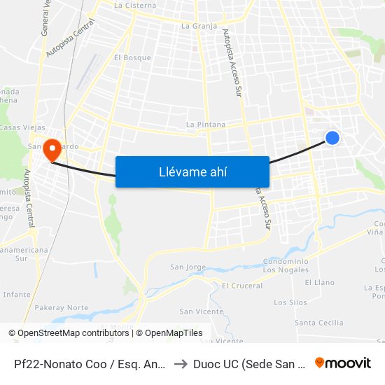 Pf22-Nonato Coo / Esq. Angel Pimentel to Duoc UC (Sede San Bernardo) map