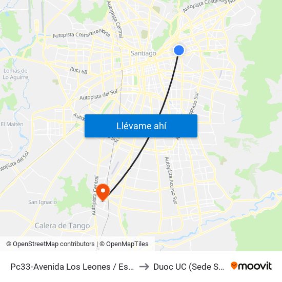 Pc33-Avenida Los Leones / Esq. Av. Eliodoro Yáñez to Duoc UC (Sede San Bernardo) map