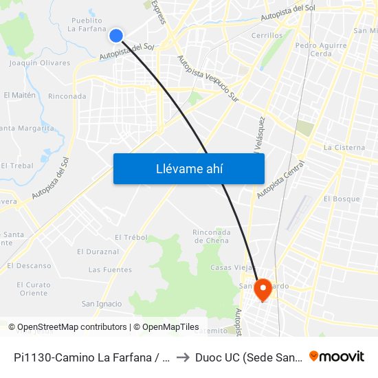 Pi1130-Camino La Farfana / Esq. Lican-Ray to Duoc UC (Sede San Bernardo) map