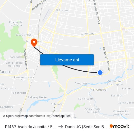 Pf467-Avenida Juanita / Esq. Weber to Duoc UC (Sede San Bernardo) map
