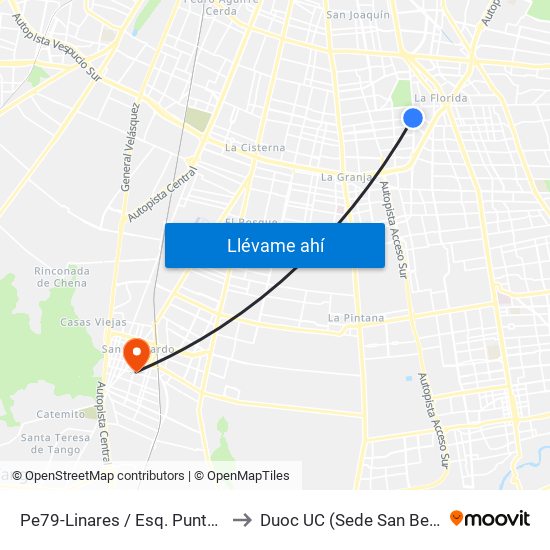 Pe79-Linares / Esq. Punta Arenas to Duoc UC (Sede San Bernardo) map