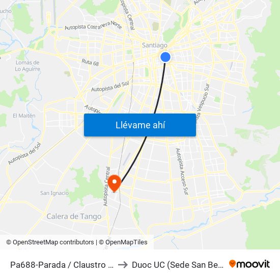 Pa688-Parada / Claustro Del 900 to Duoc UC (Sede San Bernardo) map