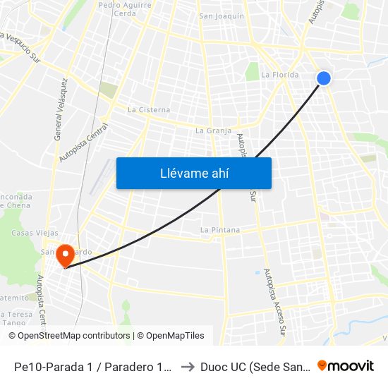 Pe10-Parada 1 / Paradero 14 Av. La Florida to Duoc UC (Sede San Bernardo) map