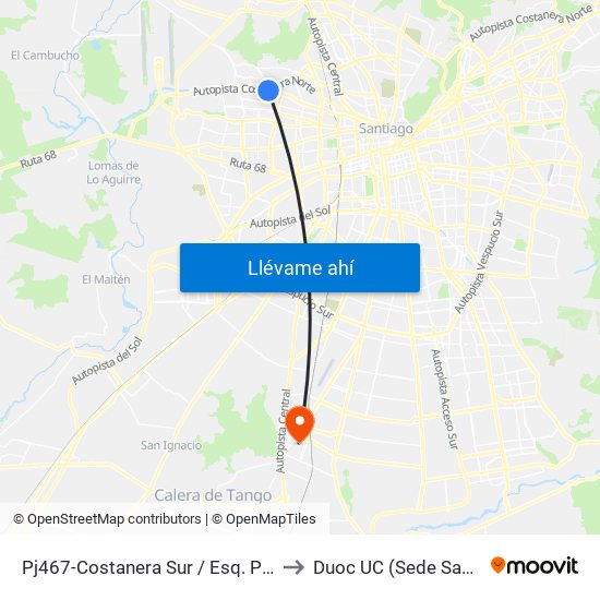 Pj467-Costanera Sur / Esq. Padre Las Casas to Duoc UC (Sede San Bernardo) map