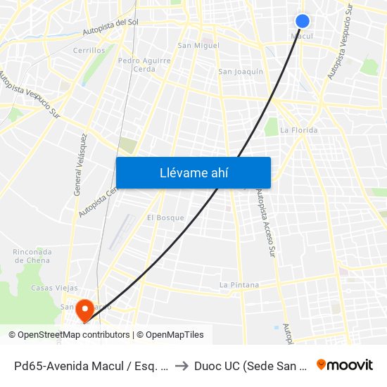 Pd65-Avenida Macul / Esq. Los Espinos to Duoc UC (Sede San Bernardo) map