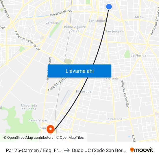 Pa126-Carmen / Esq. Franklin to Duoc UC (Sede San Bernardo) map