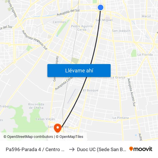 Pa596-Parada 4 / Centro De Justicia to Duoc UC (Sede San Bernardo) map