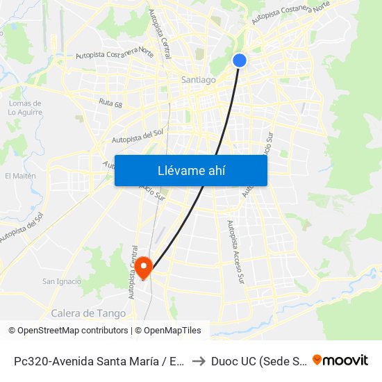 Pc320-Avenida Santa María / Esq. Puente Los Leones to Duoc UC (Sede San Bernardo) map