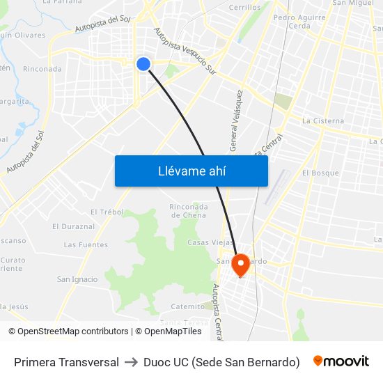 Primera Transversal to Duoc UC (Sede San Bernardo) map
