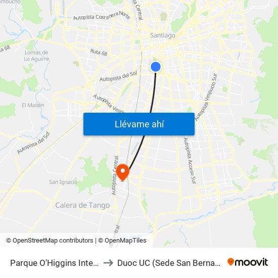 Parque O'Higgins Interior to Duoc UC (Sede San Bernardo) map