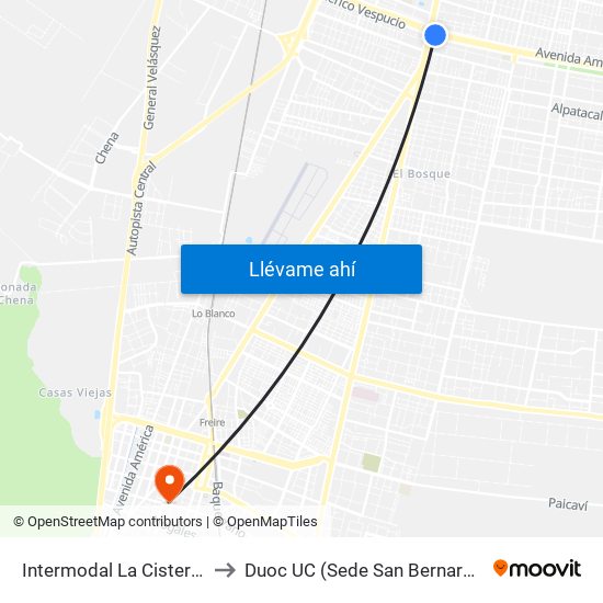 Intermodal La Cisterna to Duoc UC (Sede San Bernardo) map
