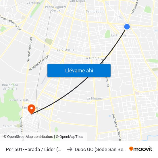 Pe1501-Parada / Lider (M) Macul to Duoc UC (Sede San Bernardo) map