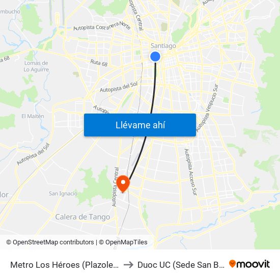 Metro Los Héroes (Plazoleta Central) to Duoc UC (Sede San Bernardo) map