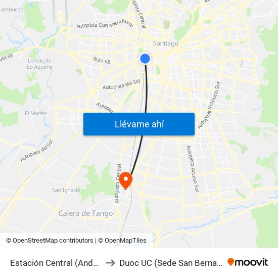 Estación Central (Anden1) to Duoc UC (Sede San Bernardo) map