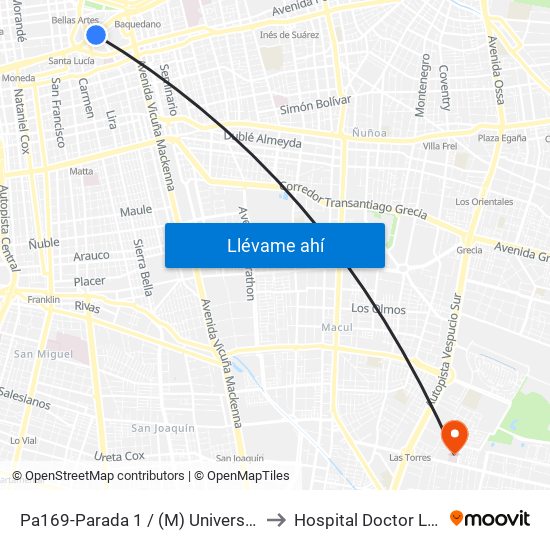 Pa169-Parada 1 / (M) Universidad Católica to Hospital Doctor Luis Tisné map