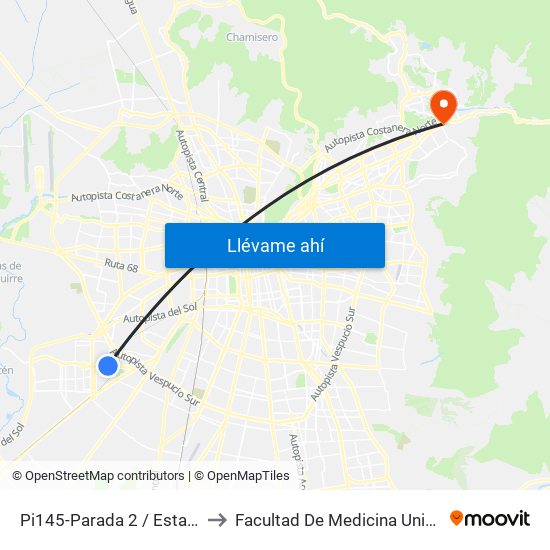 Pi145-Parada 2 / Estadio Santiago Bueras to Facultad De Medicina Universidad Del Desarrollo map